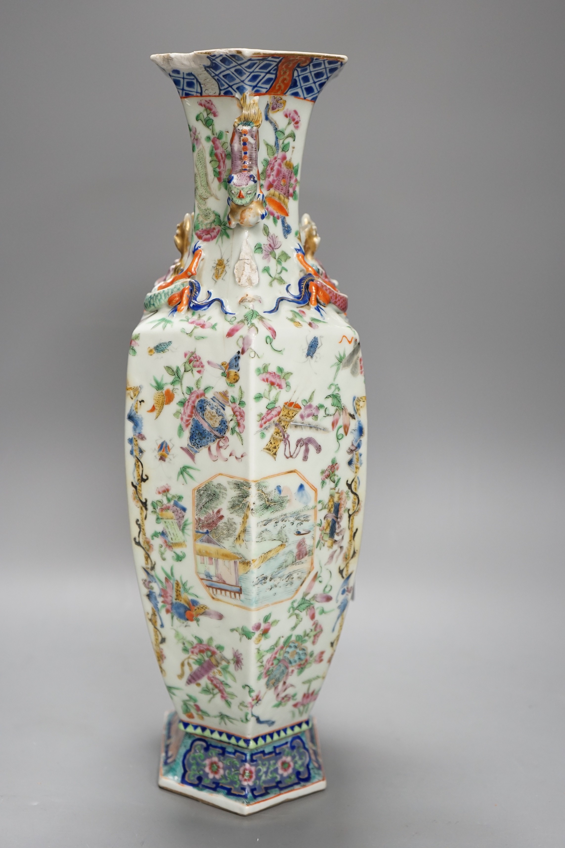 A 19th century Chinese famille rose hexagonal vase, 42cm